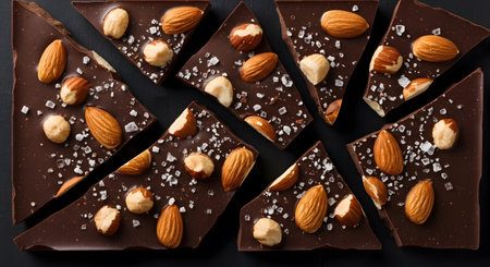 Dark chocolate bar broken into irregular pieces, studded with almonds, hazelnuts, and coarse sea...
