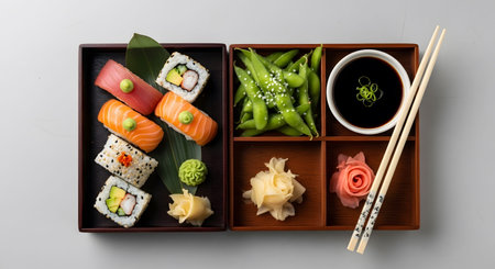 A dark wooden bento box is filled with sushi, edamame, pickled ginger, wasabi, and soy sauce,...の写真素材