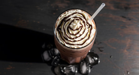 A tall glass of cold chocolate milkshake topped with whipped cream and chocolate syrup drizzle...