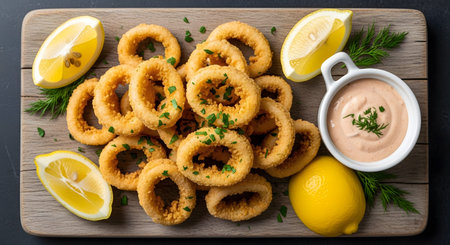 Board showing golden fried calamari rings garnished with parsley on a wooden board...