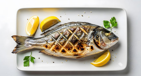 Dinner showing grilled whole fish with diamond pattern char served on a white platter with lemon...