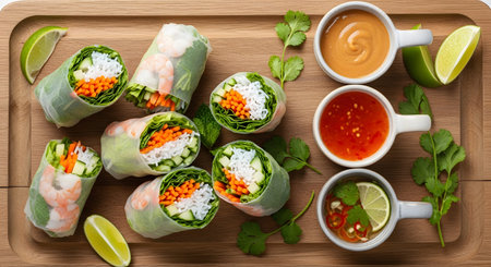 Shrimp showing fresh vietnamese spring rolls with shrimp and vegetables served with dipping...