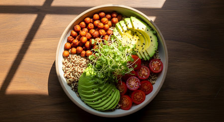 A healthy vegan buddha bowl with sliced avocado, chickpeas, quinoa, cherry tomatoes, and sprouts.