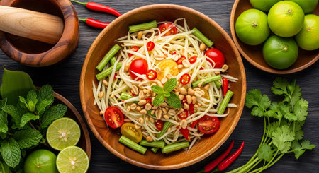 A vibrant overhead view of a wooden bowl filled with shredded green papaya salad, garnished with...