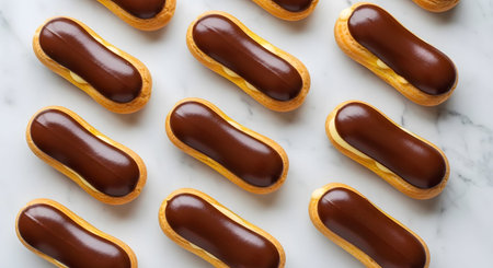 showing grid of nine chocolate glazed french eclairs on a white marble surface.