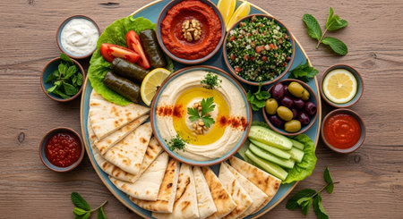 showing middle eastern mezze platter with hummus pita bread olives and dips.