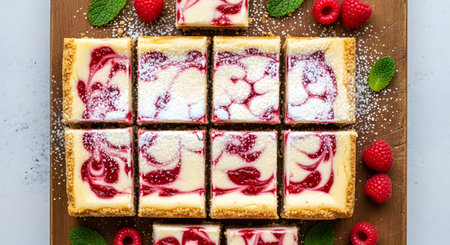 Rows of raspberry cheesecake bars with swirled fruit filling and powdered sugar dusting sit on a...