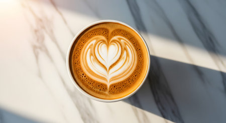 (82) showing overhead view of a white paper cup filled with frothy coffee displaying a detailed...