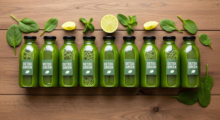 showing row of green detox juice bottles with fresh ingredients on wooden table.