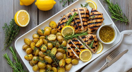showing sliced grilled chicken breast with roasted potatoes and lemon dressing on platter....