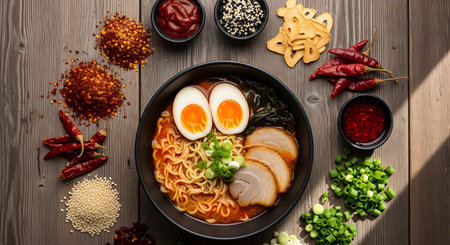 Boiled showing spicy ramen noodle soup with pork slices and soft boiled egg surrounded by...