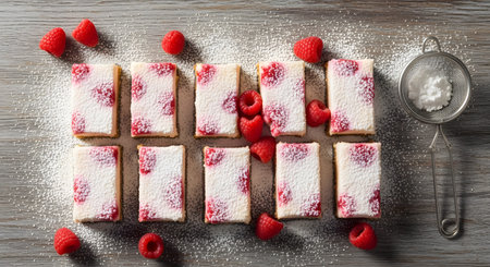 Rectangular raspberry bars are dusted with powdered sugar and arranged with fresh raspberries on...