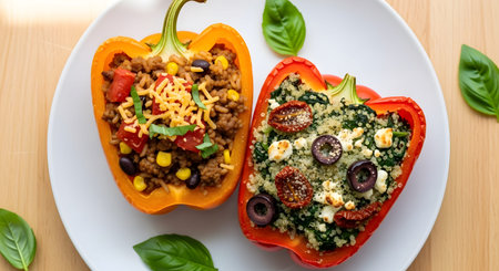 Stuffed showing two halves of stuffed bell peppers one with meat and rice the other with quinoa...
