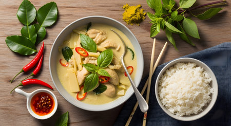 showing thai green curry with chicken and bamboo shoots served with rice and chili...