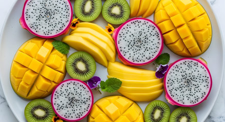 showing vibrant tropical fruit platter featuring sliced dragon fruit mangoes and kiwi with...