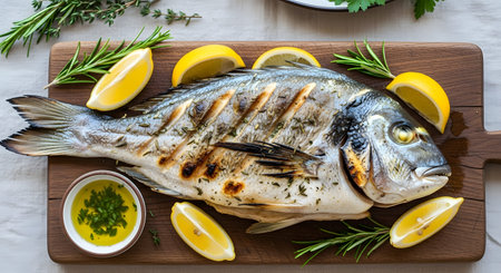 Rosemary showing whole grilled fish with rosemary lemon slices and olive oil on a wooden board...