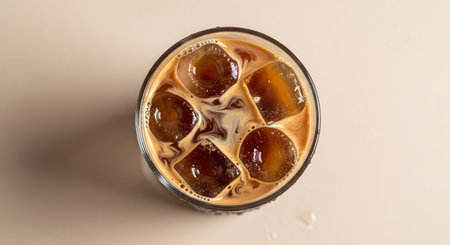 showing view of iced coffee with milk swirls and ice cubes in a glass. resolution...