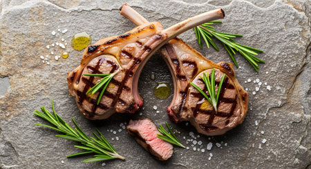 Salt showing two grilled lamb chops with rosemary and coarse salt on a textured stone surface....