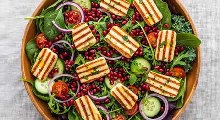 Abundant showing abundant grilled halloumi cheese salad with pomegranate seeds and fresh greens...の写真素材