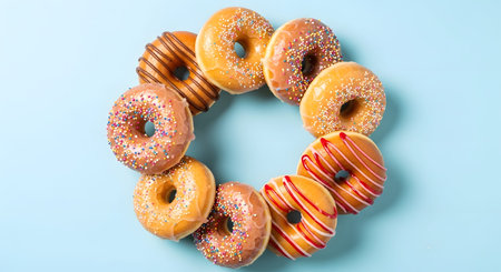 A vibrant assortment of eight decorated donuts including sprinkles, chocolate drizzle, and pink...の写真素材