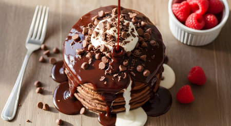 Cream showing chocolate pancakes with whipped cream chocolate chips and raspberries with syrup...