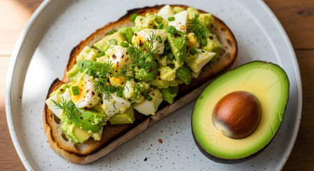 Smashed avocado and chopped hard boiled egg toast garnished with chives dill and chili flakes...