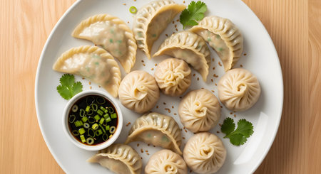 Dumplings showing assorted steamed dumplings and bao buns arranged on a white plate with soy...