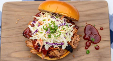 A close-up of a pulled pork sandwich with coleslaw and BBQ sauce on a wooden board....