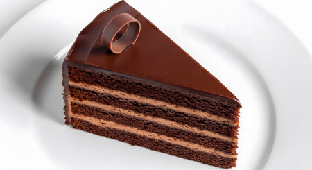 Chocolate showing decadent slice of chocolate layer cake with chocolate ganache and swirl...