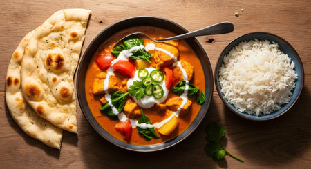 A vibrant bowl of chicken tikka masala with creamy sauce, topped with spinach, tomatoes, and...の写真素材