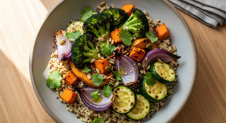 20260223 showing colorful roasted vegetable quinoa bowl with red onion and zucchini on a wooden...の写真素材