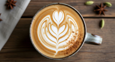 A rustic ceramic mug showcases detailed latte with a tulip and heart pattern, surrounded by...