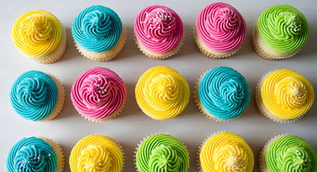 Arranged showing fifteen colorful frosted cupcakes arranged in rows on a white surface.