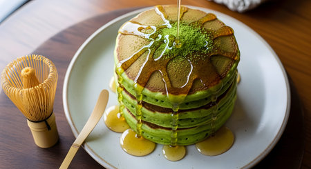 Pancakes showing green matcha pancakes stack with honey drizzle and matcha powder topping.