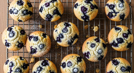 Golden brown blueberry muffins dusted with white powdered sugar sit on a metal cooling rack with...