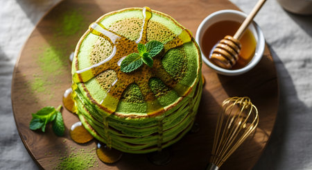 Whisk showing green matcha pancakes stack with honey drizzle mint garnish and whisk.の写真素材