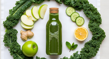 20260223 showing green juice in a glass bottle surrounded by fresh ingredients like kale apples...の写真素材