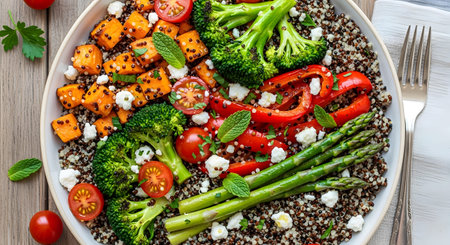 Healthy showing healthy quinoa salad with roasted sweet potatoes broccoli asparagus and cherry...