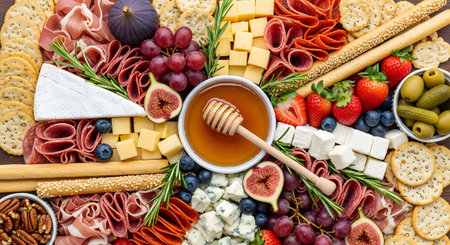 Nuts showing gourmet charcuterie board overflowing with cured meats cheeses fruits nuts and...