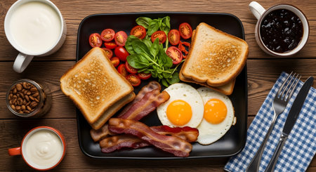 Toast showing hearty american breakfast with fried eggs bacon toast cherry tomatoes and coffee....