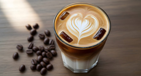 Wood showing iced latte with heart latte ice cubes and coffee beans on wood. resolution...の写真素材