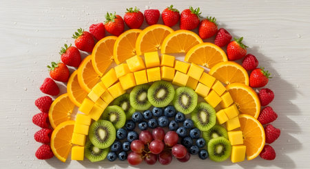 20260223 showing rainbow shaped arrangement of fresh fruits including strawberries raspberries...の写真素材