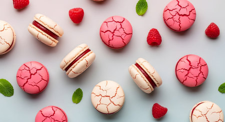 Cream showing pink and cream raspberry macarons with mint leaves scattered on a light gray...の写真素材