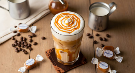 Cream showing iced caramel coffee drink with whipped cream and candies on a wooden table.