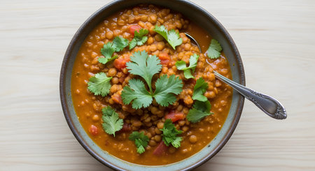 Cilantro showing overhead view of a delicious bowl of lentil soup with fresh cilantro and a...