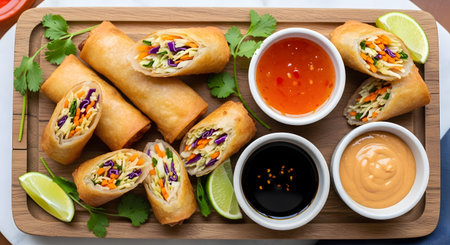 Sauces showing platter of golden fried egg rolls with three dipping sauces and lime wedges.
