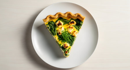 Slice showing spinach and feta quiche slice topped with fresh chives on a white plate.の写真素材