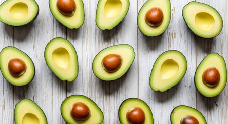Sliced avocados with visible brown seeds are scattered across a textured white wooden surface,...