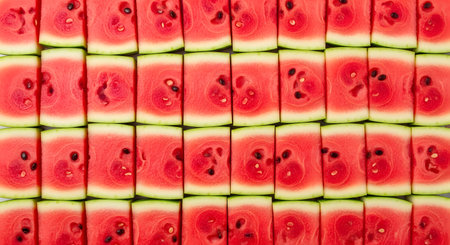 20260223 showing rows of fresh watermelon slices with seeds on a white background.