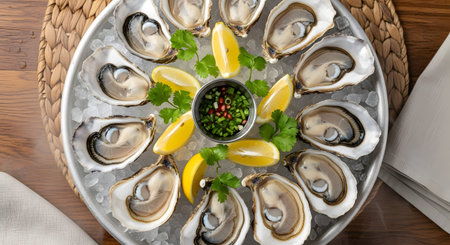 A metal platter filled with fresh oysters on ice, decorated with lemon slices and sprigs of...